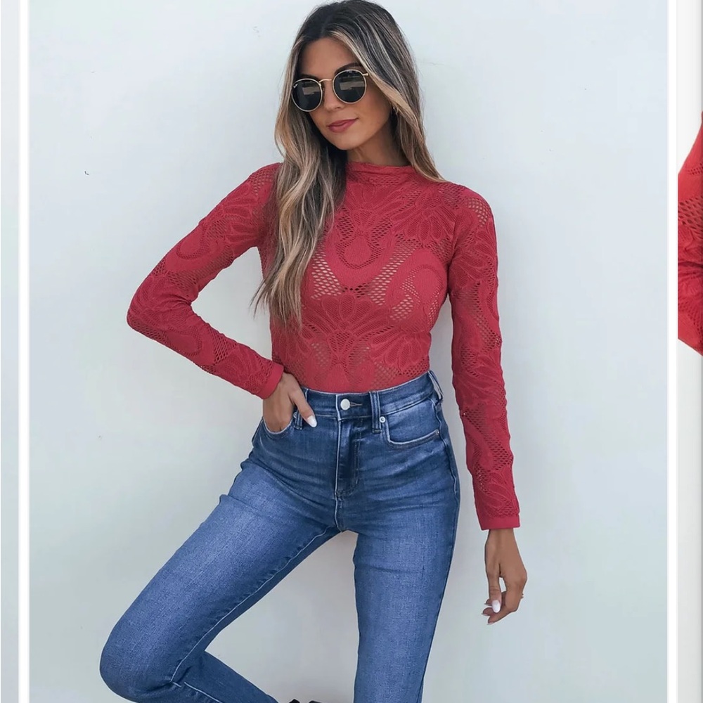 387. Magnolia Boutique Red Mock Neck Fishnet Top - Picture 2 of 3